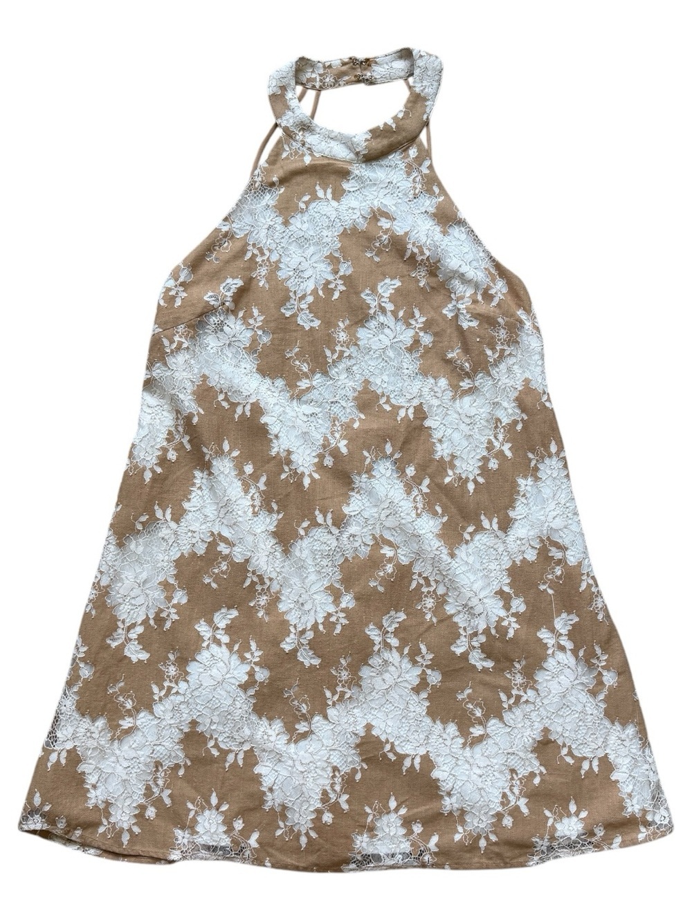 DO+BE Lace Halter Dress Beige Ivory Floral Overlay Open Back Boho Wedding Guest